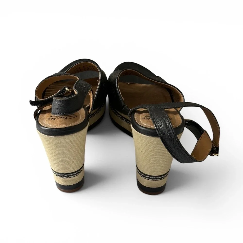 Clarks Wedge Sandals 9 Black‎ Women Laser Cut Leather Canvas Platform *READ*